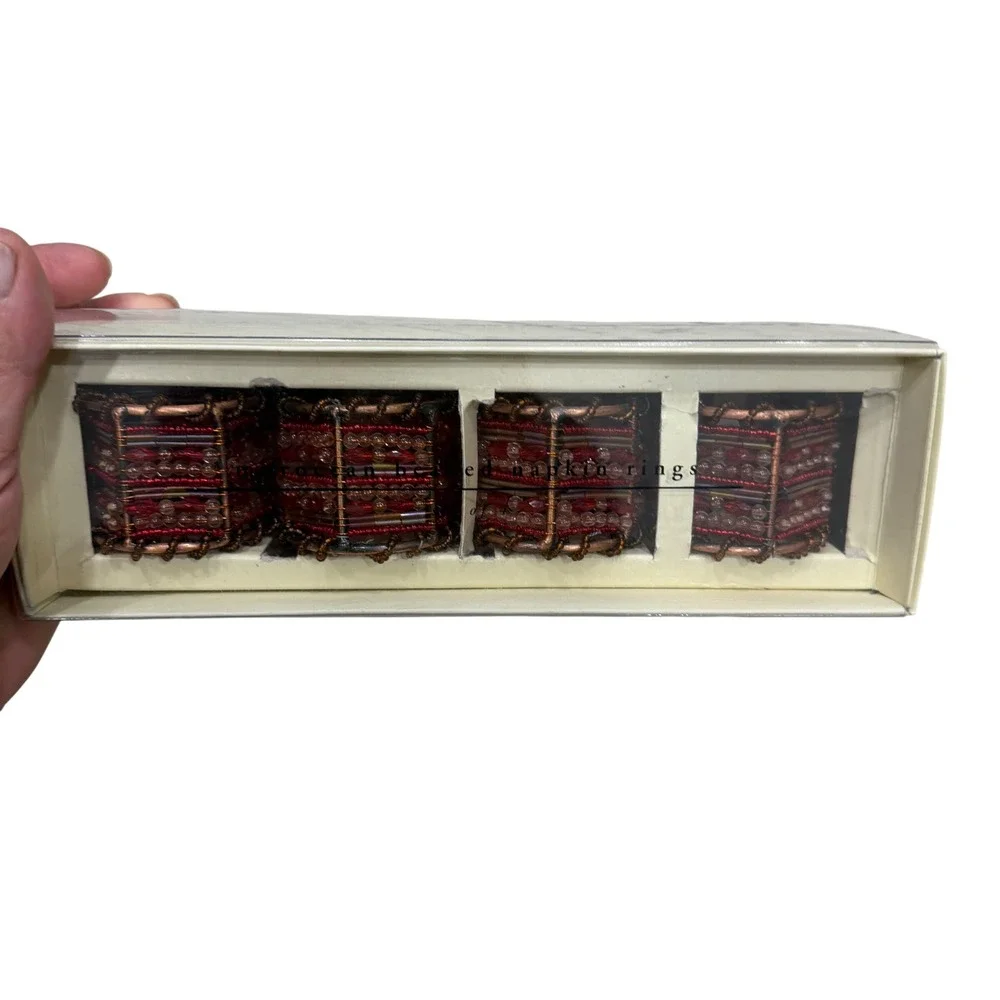 Pier 1 Imports Victorian Beaded Napkin Rings Red Copper Set of 8 Holiday Dining